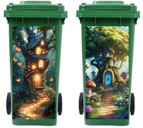 Peacoblue Wheelie Bin Stickers 2 Sheets Tree House Sticky Dustbin Stickers Decals, 15in x 32in Waterproof Self Adhesive Large Decal for Trash Cans Bins Driveway Garden Outdoor Indoor Decoration