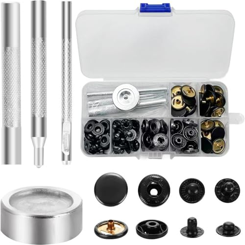 YSDINK 24 Sets Druckknopf Set, Knöpfe und Ösen 15mm aus Messing mit Werkzeug für DIY nähen, Metall Druckknöpfe in für Kleidung, Taschen, Jacken, Jeans, Lederhandwerk und Brieftasche (Schwarz)