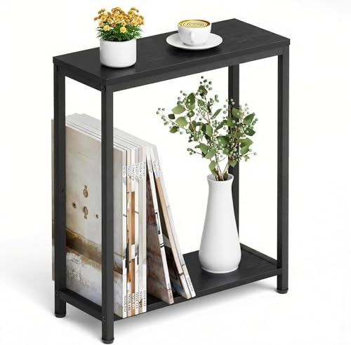 MISSLO Narrow Small Side Table for Living Room, 2 Tier End Table for Small Space, Slim Coffee Table for Sofa, Couch, Beside, Bedroom, Rustic Black