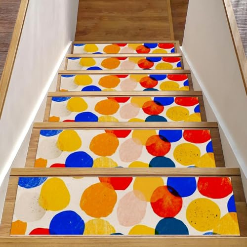 Lustige bunte Punkte (11) Stufenmatten für Holzstufen, 15 Stück, 20,3 x 76,2 cm, rutschfeste Teppich-Treppenstufen, waschbare Treppenläufer, Teppiche für Kinder, ältere Hunde