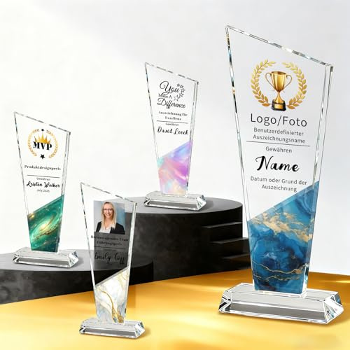 RSQGT Personalisierte K9 Kristall Trophäe, Pokal mit Gravur Wunschtext | Award Personalisiert Trophäen mit Logo und Text, Geschenke für Sport Events Mitarbeiter Anerkennung Jubiläum Jahresfeier