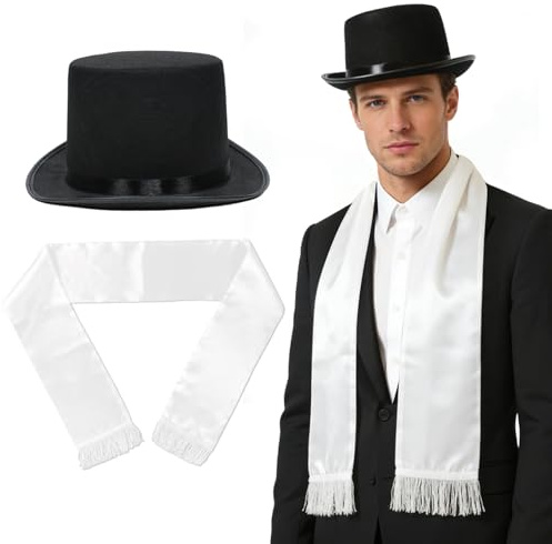 GYIOFAI 2 Stücke Zylinderhut für Damen & Herren in Schwarz, Schal, aus Satin, Weiß, Zylinder, Accessoire für Eine Gala, Partyhut ideal für Zauberer, Karneval, Fasching, Steampunk, Gentleman