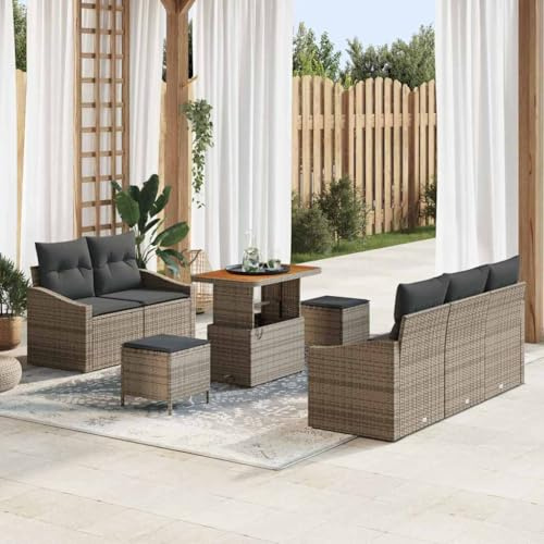Bucmath Garten-Sofa-Set mit Kissen, 8-teilig, Grau, Poly Rattan, höhenverstellbarer Tisch, modulares Outdoor Lounge Set für Terrasse und Balkon