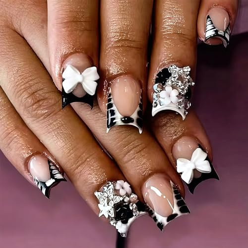 Cosblisvia Press On Nails Short Square, 24Pcs False Nails with Zebra Bows, Cute Fake Nails for Women, Girls, Students for Dates, Parties, Daily Work (Black White)