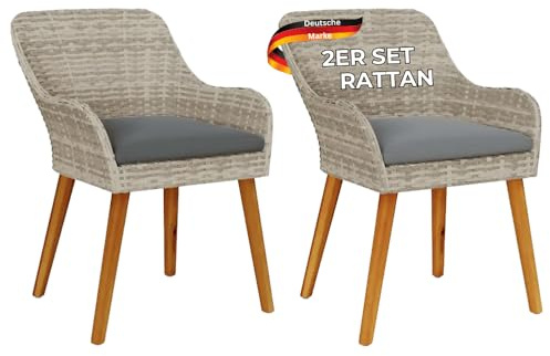 DELUKE Gartenstuhl Egos 2er Set Poly-Rattan 62,5x55x82 cm mit Polster Hellgrau | Gartenstuhl Rattan Outdoorstühle Balkonstühle