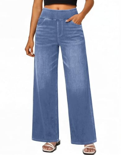 Jhsnjnr Wide Leg Jeans for Women Pull On High Waisted Tummy Control Stretchy Straight Leg Jean with Pockets Casual Denim Pants