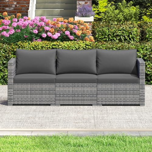 LIFEZEAL 3-teiliges Gartensofa Set, Outdoor Lounge Sofa mit Kissen, Rattan Terrassensofa wetterfest, 3-Sitzer Gartenmöbel Terrassenmöbel Balkonmöbel für Balkon, Terrasse, Garten (Grau)