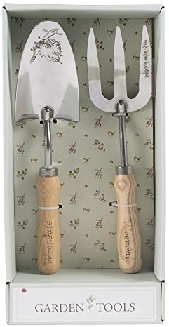 Wrendale Designs 2er Set Garten-Harke und Schaufel aus stabilem Metall mit Holzgriffen und Lederband zum Aufhängen in dekorativer Geschenk-Box