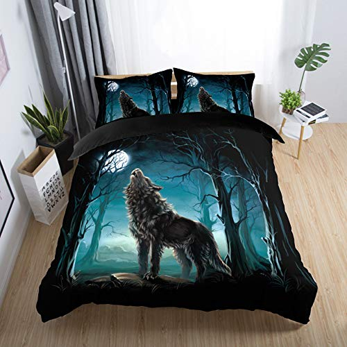 Sticker superb 135x200cm 2 Teilig 3D Tier Wald Wolf Blaues Grau Bettwäsche Set mit Reißverschluss, Cat Mond Winter Herbst Bettbezug Set Mann 1 Person (Wolf)