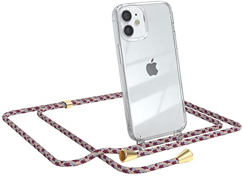 EAZY CASE Handykette kompatibel mit iPhone 12 Mini Handyhülle mit Umhängeband, Handykordel mit Schutzhülle, Silikonhülle, Hülle mit Band, Stylische Kette für Smartphone, Bordeaux Camouflage