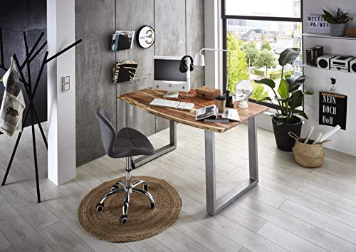 SAM Schreibtisch Palma 160x85 cm, Akazienholz naturfarben & massiv, Bürotisch mit echter Baumkante, Computertisch mit U-Gestell aus Metall Silber