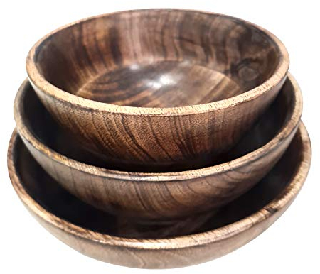 Hand Carved Rustic Wooden Serving Bowl Set Entertainment Eco-Friendly Multi-purpose Bowl Set of 3