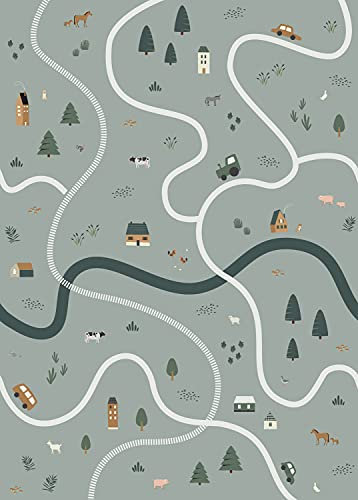 papier peint panoramique tracteurs et animaux de la ferme vert grisé 200 x 279 cm - ESTAhome