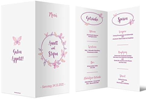 10 x Individuelle Hochzeit Menükarten Klappkarte Set mit Text selbst gestalten - Schmetterlinge