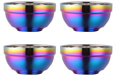 Cereal Bowl Stainless Steel 340 ml Rainbow Soup Bowls Set of 4 Rice Bowl Large Pasta Bowl Dessert Bowls Wide 11.4 cm (4.5 inches) Metal Ramen Bowls Double Layer Anti-Hot