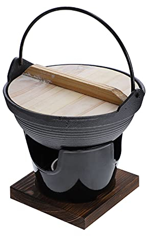 UPKOCH Cast Iron Japanese Style Sukiyaki Pot, Hot Pot Cheese Fondue Camping Cooking Pot, Individual Shabu Pot BBQ Stove with Wooden Lid and Cooking Stove