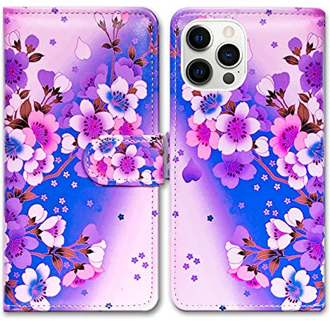 Bcov iPhone 13 Pro Max Case, Purple Cherry Blossom Leather Flip Phone Case Wallet Cover with Card Slot Holder Kickstand For iPhone 13 Pro Max