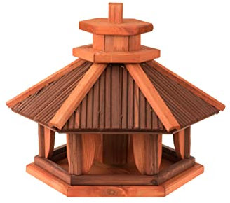 MAZUR International Vogelhaus wetterfest aus Holz, vogelfutterhaus, Futterhaus, Futterstation für Wildvögel, Vogelfutterhaus zum Stellen für den Garten, Balkon (Orange)