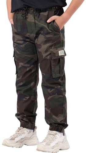 NATUST Jungen Cargohose Kinder Freizeithose Jogginghose Jungs Cargo Hose mit Elastischem Bund Tarngrün 134-140