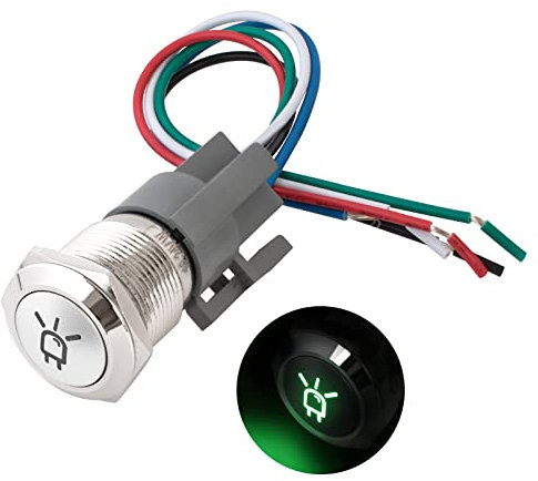 OSXCAUES 19mm Latching Metall Push Button Druckschalter 5 stifte Wasserdicht Selbstsichernde Schalter 12V 24V mit Kabelbuchse und grünes Licht Stecker Symbol (Kugelkopf Taste)
