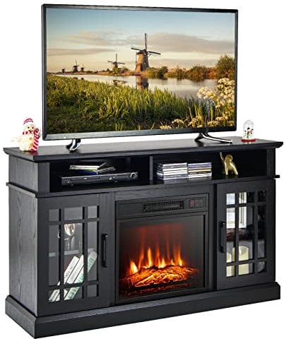 TANGZON Electric Fireplace Insert TV Stand, Freestanding Media Console Table Entertainment Center with 1800-2000W Fireplace Heater & Remote Control (Black, 18 Fireplace,121x40x74cm for 55 TV)