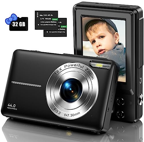 IWEUKJLO Digital Camera, Kids Camera with 32GB Card FHD 1080P 44MP Vlogging LCD Screen 16X Zoom Compact Portable Mini Rechargeable Gifts for Students Teens Adults Girls Boys-Black, (DC403Black)