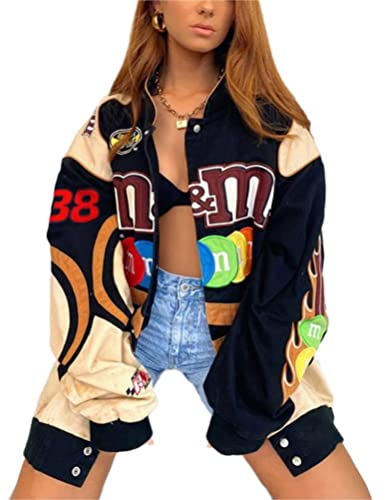 Tomwell Damen Bomberjacke College Oversized Patchwork Bedruckte Jacke 90S Vintage Racing Jacke Sweat Jacket Baseball Mantel W6 Schwarz M