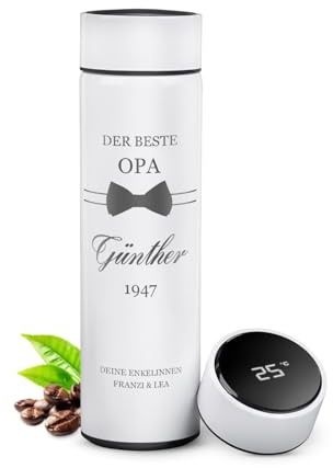 Maverton Trinkflasche mit Gravur 450 ml, Thermobecher auslaufsicher, Weiß | 100% Dicht, mit LED Temperaturanzeige, Thermoskanne aus Edelstahl, für Männer zum Geburtstag, weiß, Fliege