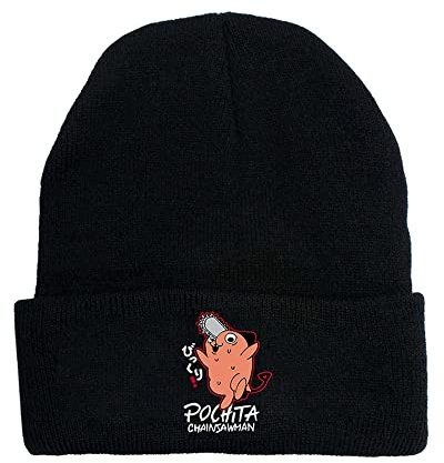 Pochita Strickmützen Anime Chainsaw Man Mützen für Herren Damen Gestrickte Winter Hut Solide Bedrucktes Motorhaube Unisex Kappe