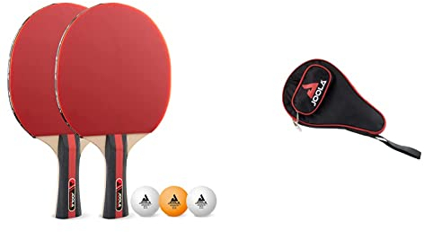 JOOLA Tischtennis Set Rosskopf 2 Tischtennisschläger + 3 Tischtennisbälle 40+mm, rot/schwarz, 5-teilig & Unisex – Erwachsene Schlägerhülle-80502 Schlägerhülle, RED, One Size