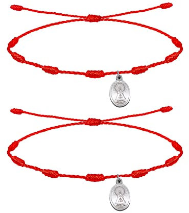 cotigo, Pulsera Roja de 7 Nudos con Amuleto en Acero, Suerte y Protección, Pulsera Mal de Ojo para Parejas y Amistad, Bisutería Ajustable para Mujer y Hombre (Virgen del Pilar - Plateado)