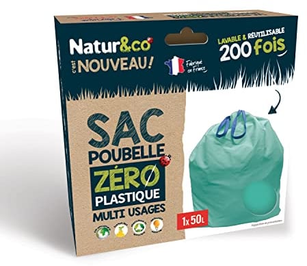 NATUR&CO Sac Poubelle Réutilisable 50L Multi Usages Zéro Plastique Ultra Résistant, Anti odeurs, Anti bactérien, A Liens Coulissants, Lavable