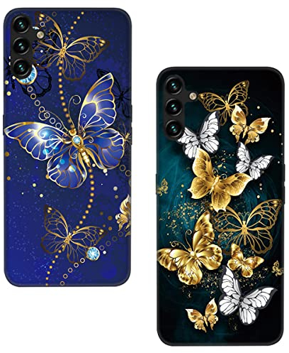 Lonrapa 2 Stück Silikon Hülle für Samsung Galaxy A54 5G Motiv Handyhülle Ultra dünn Stoßfeste Kratzfeste Schutzhülle Weiche TPU Case Cover für Galaxy A54 5G - Blau & Goldene Schmetterlinge