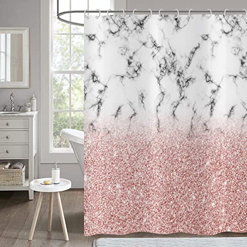Hnmdmyi Duschvorhang Rosa 180x180, Rose Gold Glitzer Duschvorhänge Grau und Weiß Marmor Optik Badewanne Vorhang Abstrakt Modern Luxus Kunst Wasserdicht Polyester Stoff Waschbar Badevorhang mit Haken