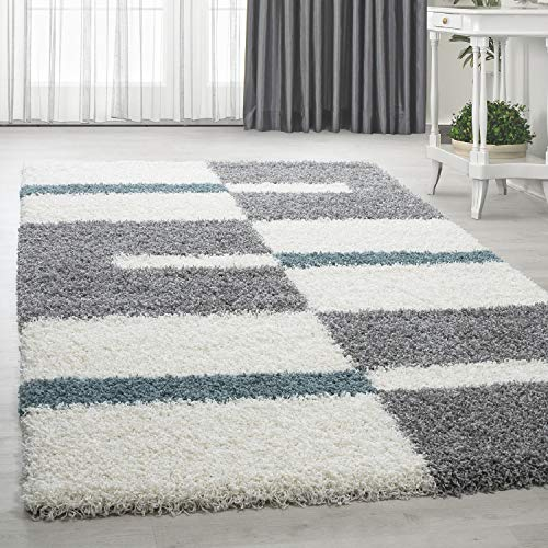 HomebyHome Runder Shaggy Teppich 160 cm - Hochflor Türkis, Grau und Weiß Extra Weich und Flauschig - Bettvorleger für Wohnzimmer, Schlafzimmer, Küche, Flur - Carpet, Halı