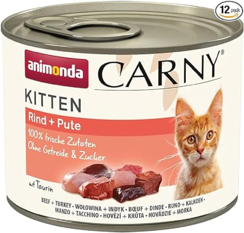 animonda Carny Katzen Nassfutter Kitten Rind + Pute (12 x 200g), Kitten getreidefreies Katzennassfutter ohne Zucker für wachsende Kätzchen bis 1 Jahr, mit frischen Zutaten