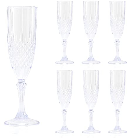 Carousel Home Pack of 6 Embossed Plastic Champagne Flute | Cut Crystal Effect Reusable Plastic Champagne Flute Glass | Reusable Drinkware Outdoor Champagne Glass