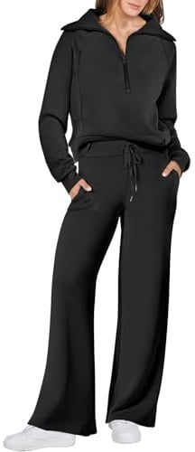 ANRABESS Women’s 2 Piece Outfits Half Zip Sweatshirt & Wide Leg Pants Airport Travel Lounge Matching Sets Sweatsuits Clothing Black Medium