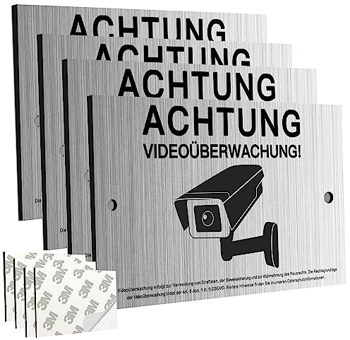 4 Stücke Schild Videoüberwachung Privatgrundstück mit DSGVO Hinweis, 20x12cm Achtung VideoüBerwachung Schild, für ÜBerwachungskamera Oder Kamera Attrappe Innen AußEn(Aluminiumverbund)