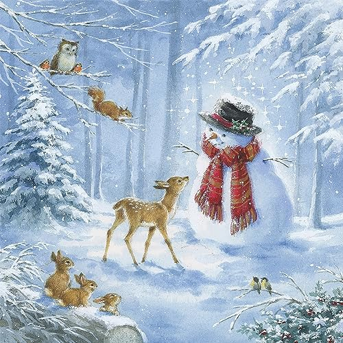 20 Servietten Weihnachten Tiere spielen mit Schneemann als Tischdeko. Papierservietten mit Motiv. Auch für Decoupage und Serviettentechnik 33x33cm