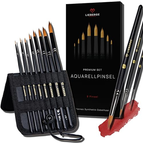 LIEBERGE Pinceaux aquarelle de qualité supérieure - 8 pinceaux en poils synthétiques de martre de qualité supérieure - Lot de pinceaux aquarelle sans perte de poils lors de la peinture - Watercolor