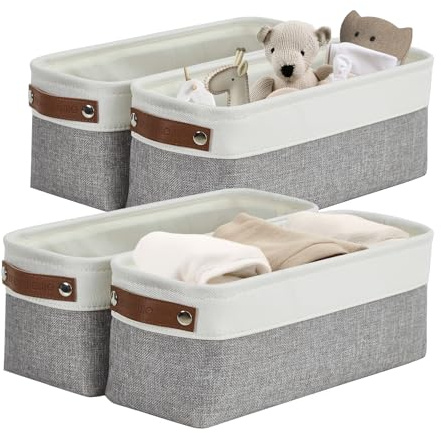 DECOMOMO Narrow Storage Bins, Small Storage Baskets for Shelves 4 Pack | Baskets for Organizing Bathroom, Toilet Tank, Gifts (Grey and White)