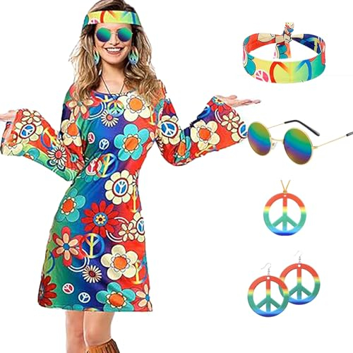 6 Pièces Costume Hippie des Années 60 et 70 Pour Femme, Robe Hippie, Deguisement Disco Femme Pour Fête Carnaval Cosplay Avec Signe Paix, Boucles D'oreilles, Collier, Bandeau, Lunettes Soleil (3XL)