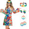 6 Pièces Costume Hippie des Années 60 et 70 Pour Femme, Robe Hippie, Deguisement Disco Femme Pour Fête Carnaval Cosplay Avec Signe Paix, Boucles D'oreilles, Collier, Bandeau, Lunettes Soleil (3XL)