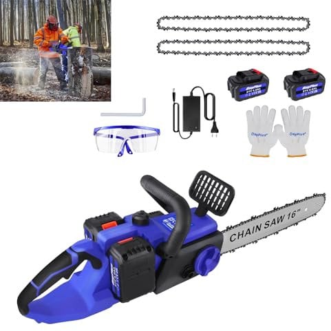 Motosega senza fili da 16 pollici, motosega elettrica Brushless con sistema di lubrificazione, sega elettrica portatile per giardinaggio, taglio di rami e alberi, 2 batterie e caricabatterie