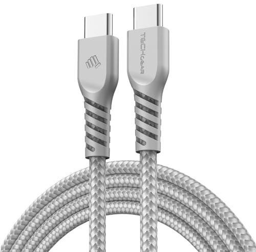TECHGEAR 1m Câble USB C vers USB C 60 W, Câble tressé de Type C vers C Charge Rapide Compatible avec iPhone 15, iPad Pro, MacBook, Samsung Galaxy S24/S23/A14/A15/A25/A35/A34/A55/A54/A05s/A04s - Argent