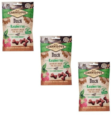 Carnilove Crunchy Snack Duck with Rasberries | 3er Pack | 3 x 50 g | Leckerli für Katzen | Ente und Himbeere | Ohne Zuckerzusatz | exotischer Fleischgeschmack
