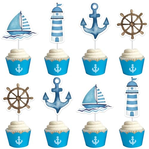 Kreatwow Nautical Cake Decorations 24pcs Sailing Boat Cupcake Topper Nautical Party Decorations Sailor Birthday Supplies Ocean Navy Theme Party Decor for 1st Birthday Baby Shower Bachelorette