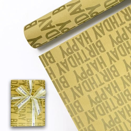 Rouleau de papier d'emballage cadeau d'anniversaire doré, 43 cm x 15 m, papier d'emballage kraft joyeux anniversaire, parfait pour anniversaire, fête prénatale, fête, décorations festives