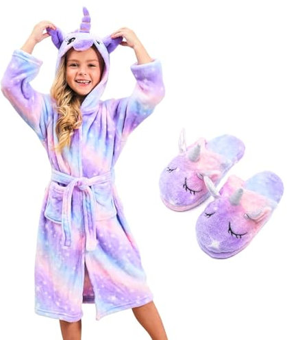 Piefry Unicorn Dressing Gown for Girls - Soft Hooded Robe Sleepwear With Slippers, Gifts (Purplish, 4-5 Years)